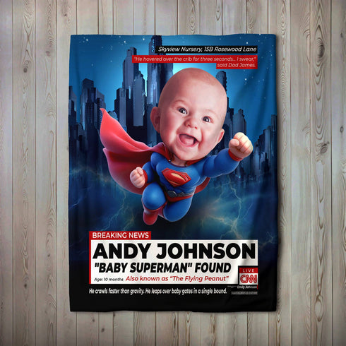 Personalized CNN Superhero Baby Blanket – Custom Name, Quote & Funny News Style